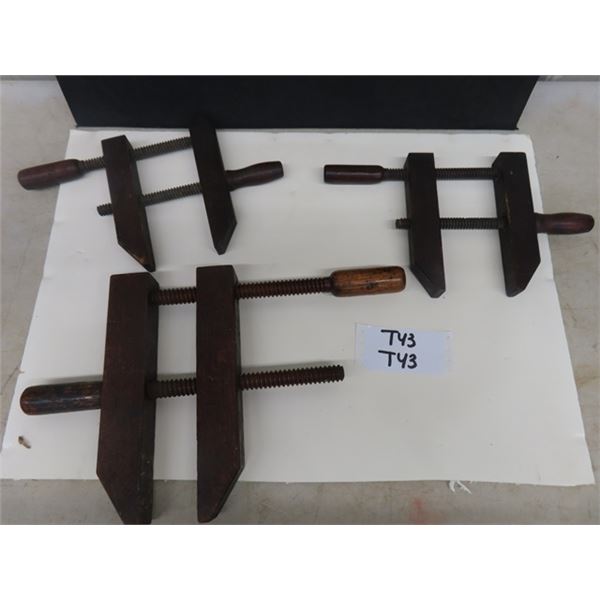 3 Antique Vintage Wooden Clamps by Bliss Manufacturing Co. The 2 smaller