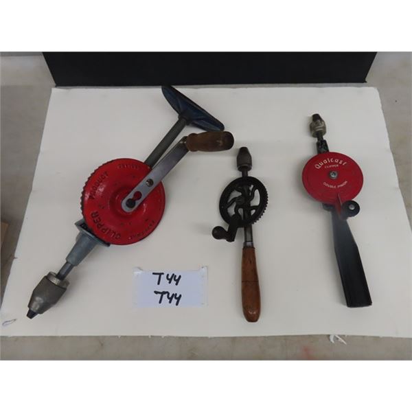 3 Vintage Egg Beater Drills; Smallest at 10.5"- marked Jordon Germany + 12.5"