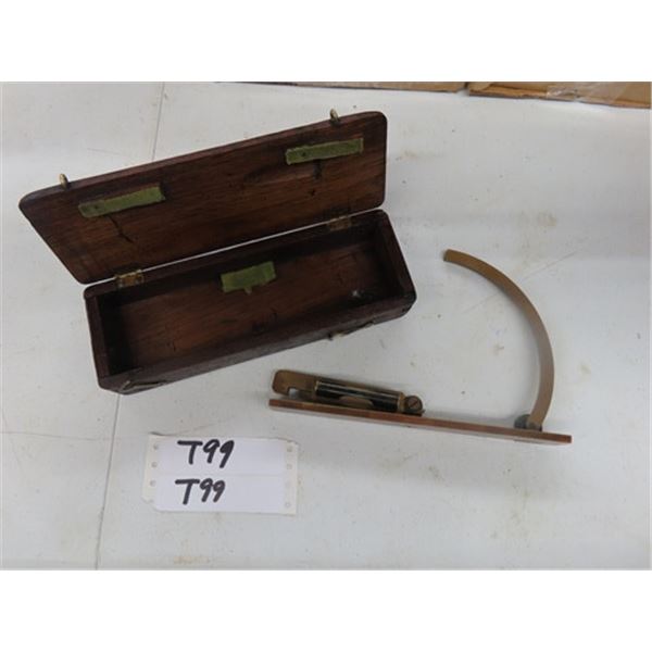 Antique Vintage Heavy Brass Protractor Inclinometer with homemade wooden box.