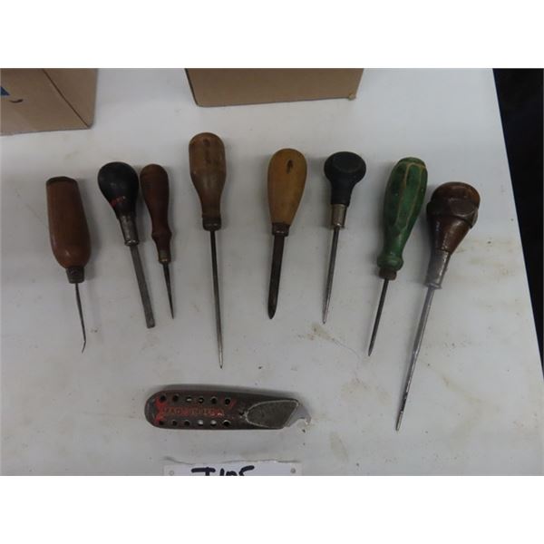 Old Awls Lot of 6 Vintage Antique Awls plus a small wood chisel and knife for ...