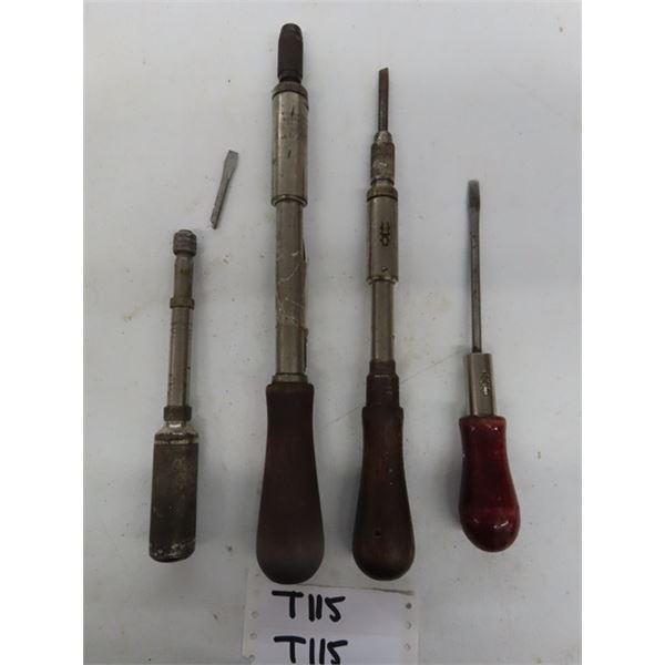 4 Vintage Antique Ratchet Screwdrivers; (1) Vintage 14" Stanley YANKEE No. 31A 