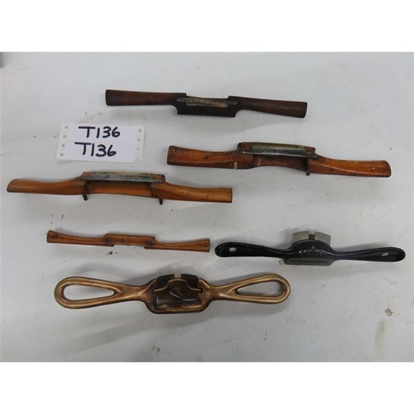 6 Antique Vintage Spoke Shaves: 10” brass - Stanley Rule and Level Co. marked