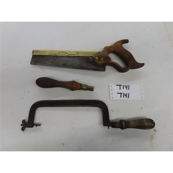 3 Vintage Antique Saws:  (1) 7” keyhole Pad saw made of wood + brass without
