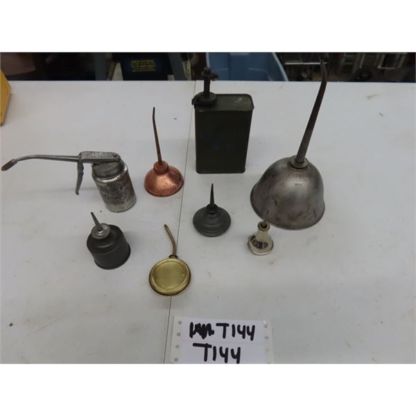A lot of 8 Vintage Antique Oil Can Thumb Pump Oilers:  Tallest one made by 