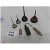 Image 1 : A lot of 7 Vintage Antique Oil Can Thumb Pump Oilers.  The squarish one is 