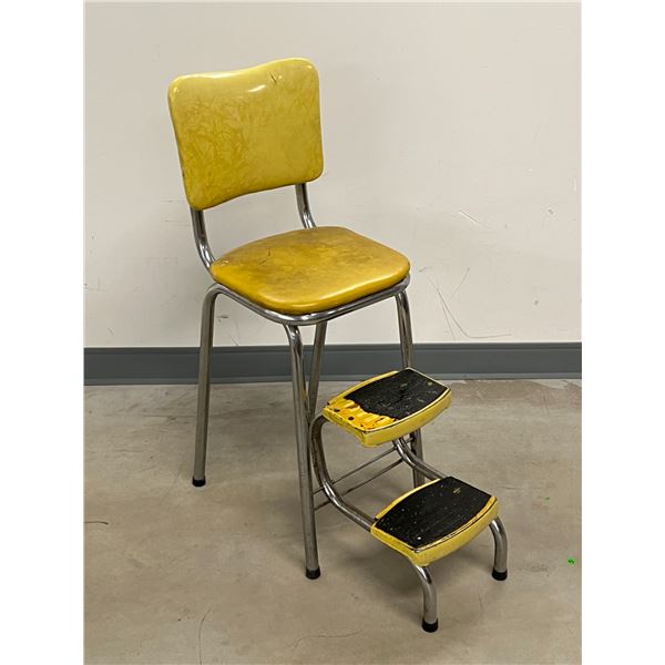 Vintage Chrome Yellow Vinyl Kitchen Stool with Fold-Out Stairs