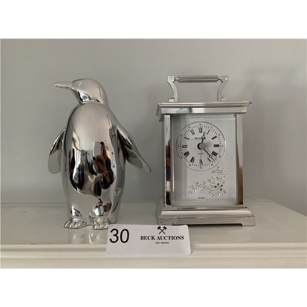 Chrome Bulova Mantle Clock and Penguin
