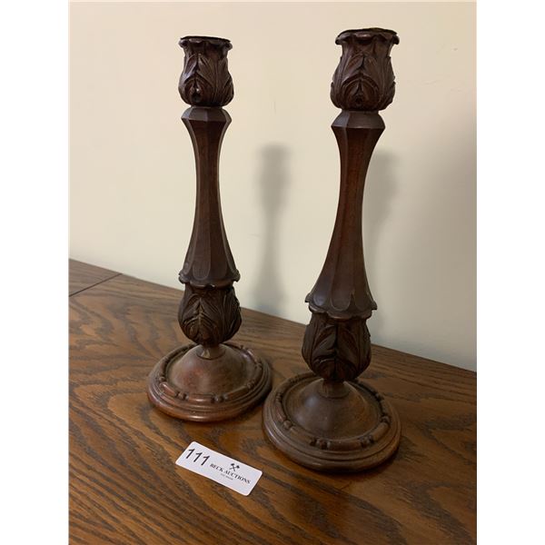 2 x Hand-Carved Wooden Candle Holders (11.5"H)