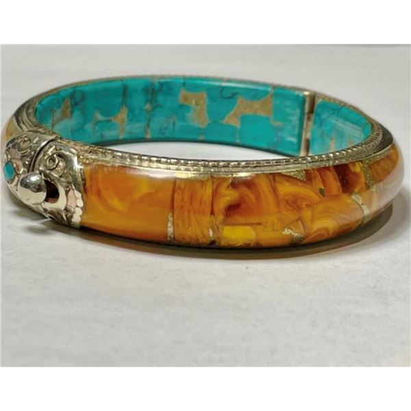 Natural Hand Made Tibet Amber & Turquoise Bangle