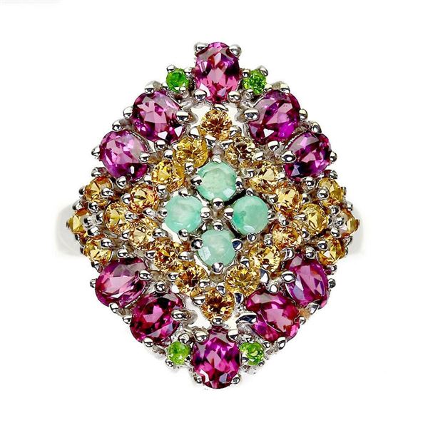 Natural Unheated Rhodolite Garnet Emerald Sapphire Ring