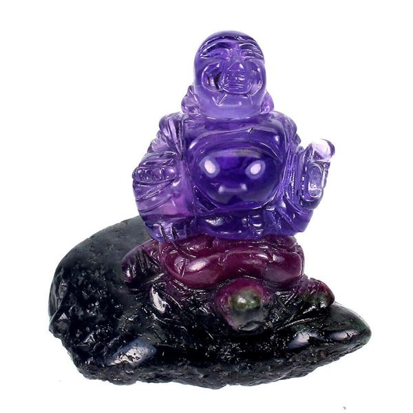 Natural Amethyst Ruby Handcrafted Happy Buddha Carving 113.18ct