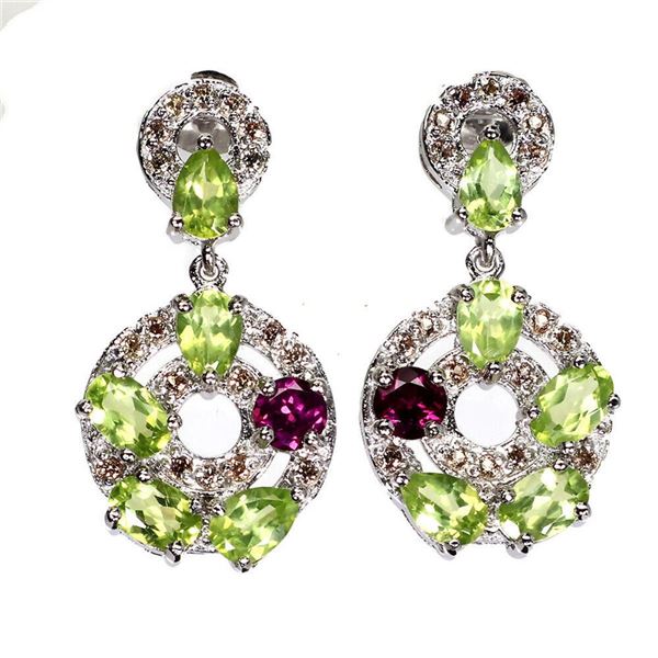 Natural Peridot  Rhodolite Sapphire Earrings