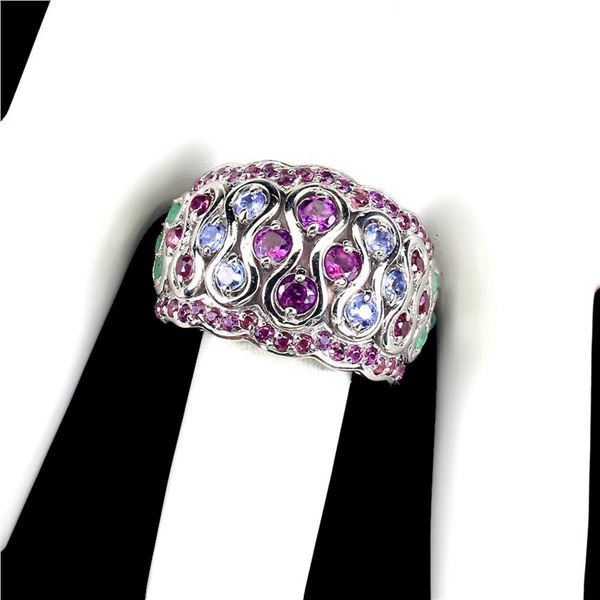 Natural Rhodolite Garnet Emerald Tanzanite Ring