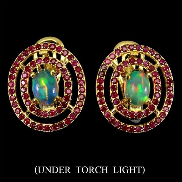 Natural Untreated White Opal & Ruby Earrings