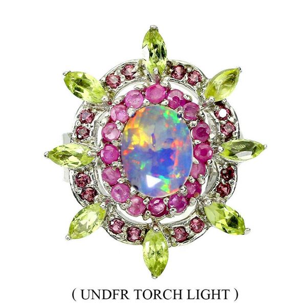 Natural Unheated  Fire Opal Peridot Rhodolite Ruby Ring