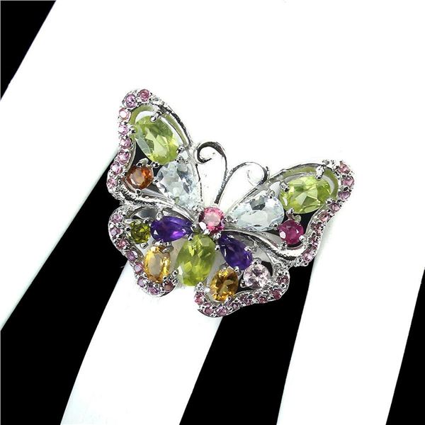 Natural Peridot Aquamarine Butterfly Ring