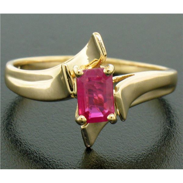 14K Solid Yellow Gold.83 ctw Prong Set Emerald Cut Red Ruby Solitaire Bypass Rin