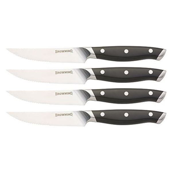 BROWNING STEAK KNIFE SET 4PC 4.25" BLADE W/LEATHER ROLL STH