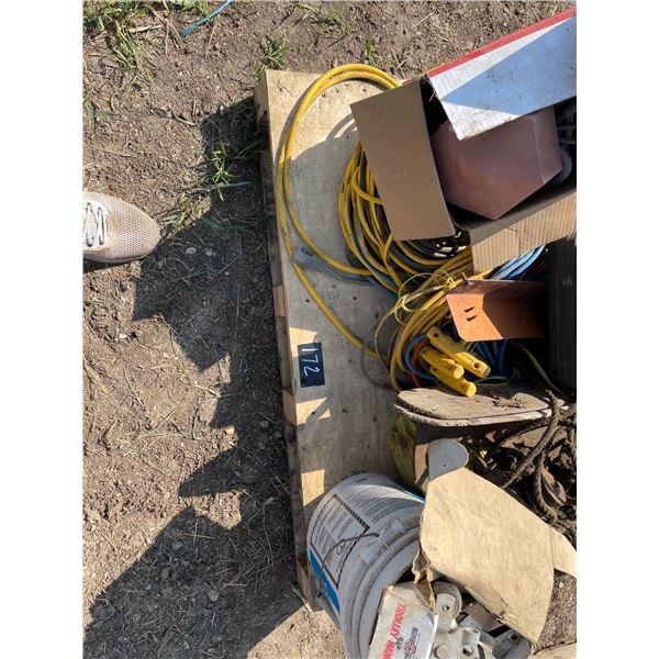 Assort elec cords, barn door rollers, New 12V elec winch, 120V Arc welder,