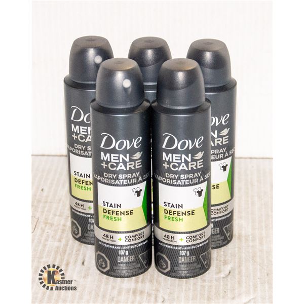 NEW BAG OF 5 DOVE MEN +CARE DRY SPRAY 107G BOTTLES