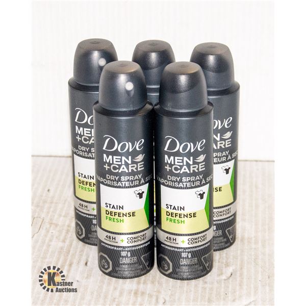 NEW BAG OF 5 DOVE MEN +CARE DRY SPRAY 107G BOTTLES