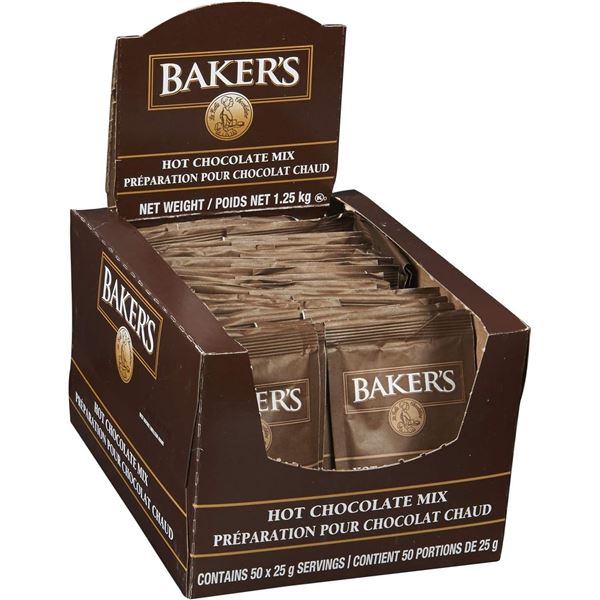 NEW CASE OF BAKERS HOT CHOCOLATE MIX - 50 PACKS OF