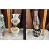 Image 1 : Collection of 3 Oil Lamps 1 barn style lamp still in packaging, 1 milk glass lamp with floral decal,