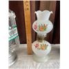 Image 2 : Collection of 3 Oil Lamps 1 barn style lamp still in packaging, 1 milk glass lamp with floral decal,