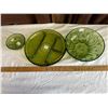 Image 1 : 3 Pieces of Vintage Green Glassware 1 divided platter, 1 small bowl, and 1 larger bowl. No chips or 