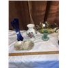 Image 1 : Collection of glass and porcelain pieces - Blue swung glass vase, hand painted floral vase, divided 