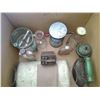 Image 2 : Box of sad iron, bottles, flour sifter and misc.