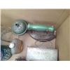 Image 3 : Box of sad iron, bottles, flour sifter and misc.