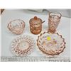Image 1 : 5 assorted square cut, pink depression glasswares - sugar dish n spoon, tumbler, bowls, etc.