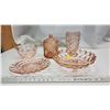 Image 2 : 5 assorted square cut, pink depression glasswares - sugar dish n spoon, tumbler, bowls, etc.