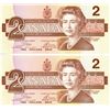 Image 2 : Rare Pair of 1986 Canada Bird Series $2 bills, Crow/Bouey, # AUG 8038367-368