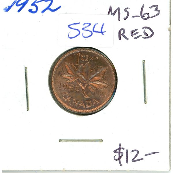 1952 Canadian Small Cent. The last issue of George VI. MS-63 Red.