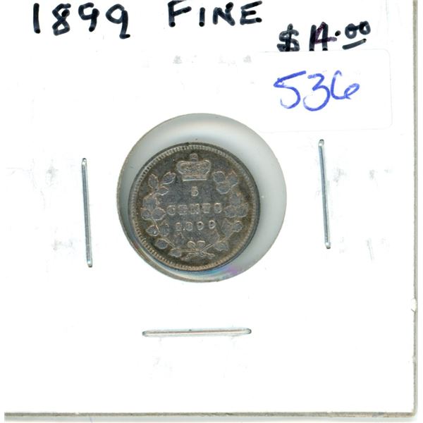 1899 Canadian Victorian Silver 5 Cents. F-12.