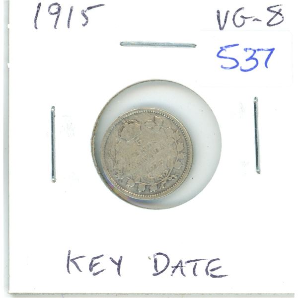 1915 Canadian Silver 5 Cents. Key Date. VG-8.