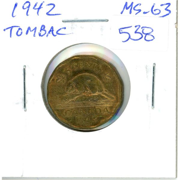 1942 Tombac 5 Cents. The first Tombac issued. MS-63. Nice.