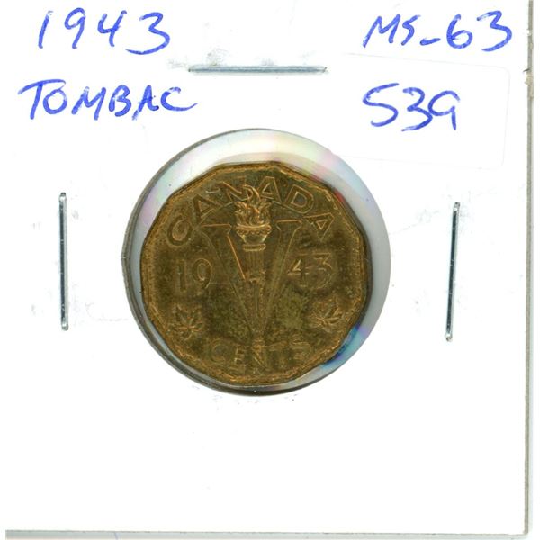 1943 Tombac 5 Cents. The last Tombac issued. MS-63. Nice.