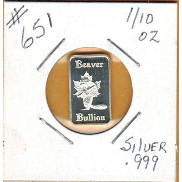 1/10th OUNCE SILVER  .999 FINE - BEAVER BULLION BAR