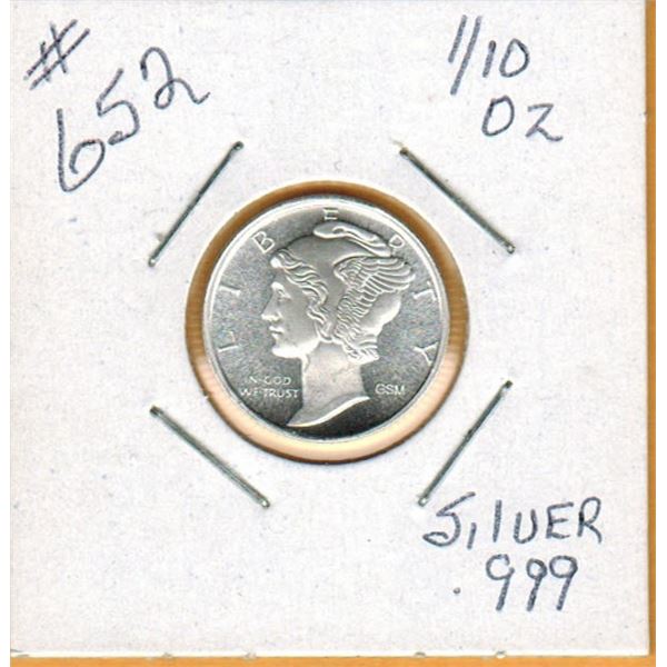 1/10th OUNCE SILVER  .999 FINE - US MERCURY DIME DESIGN