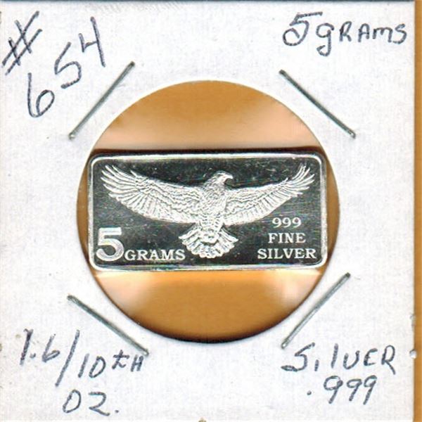 5 GRAMS SILVER  .999 FINE - EAGLE DESIGN - 5 Grams is approx. 1.6 /10th of an Ounce