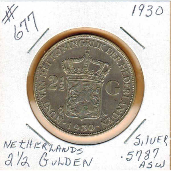 1930 NETHERLANDS SILVER 2 1/2 GULDEN - .5787 ACTUAL SILVER WEIGHT