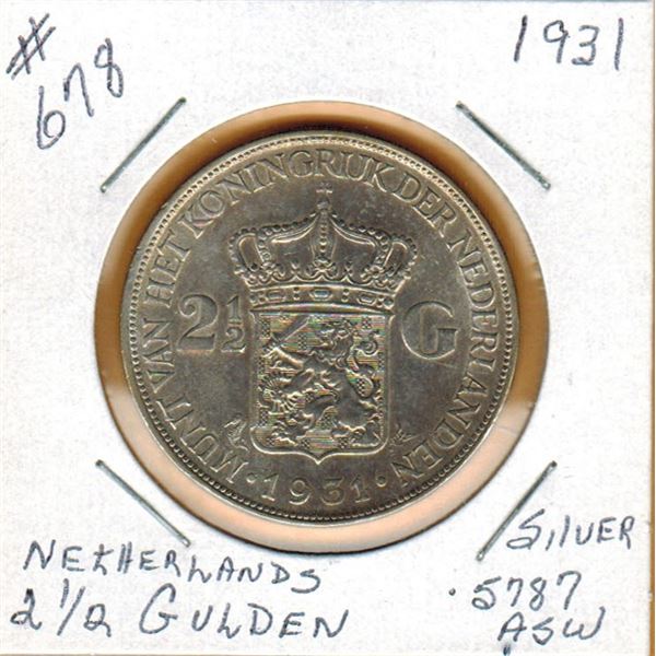 1931 NETHERLANDS SILVER 2 1/2 GULDEN  - .5787 ACTUAL SILVER WEIGHT