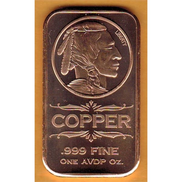 1 OUNCE COPPER BAR  .999 FINE - INDIAN HEAD NICKEL DESIGN