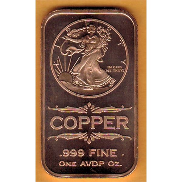 1 0UNCE COPPER BAR  .999 FINE - WALKING LIBERTY COIN DESIGN