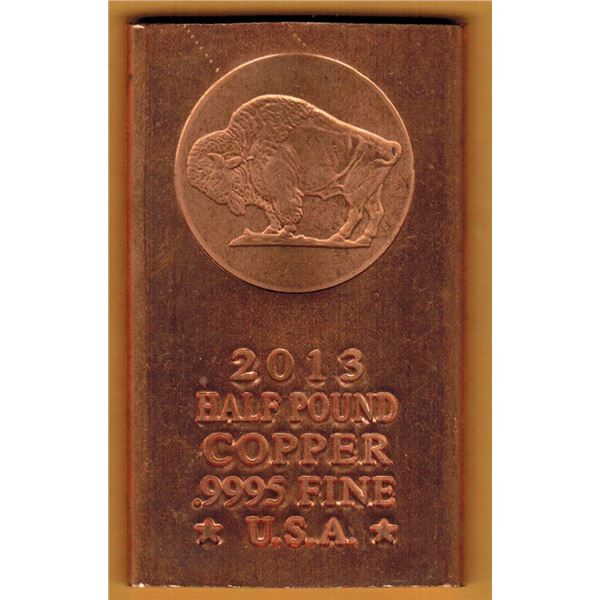 1/2 POUND COPPER BAR  .999 FINE - BUFFALO NICKEL DESIGN