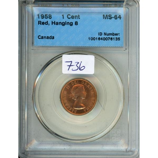 CCCS Graded 1958 Canada 1¢ Coin - Red, Hanging 8 MS-64