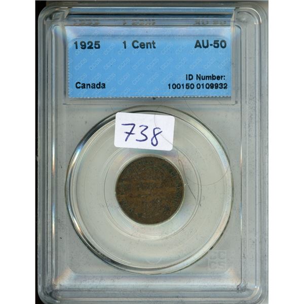 CCCS Graded 1925 Canada 1¢ Coin - AU-50